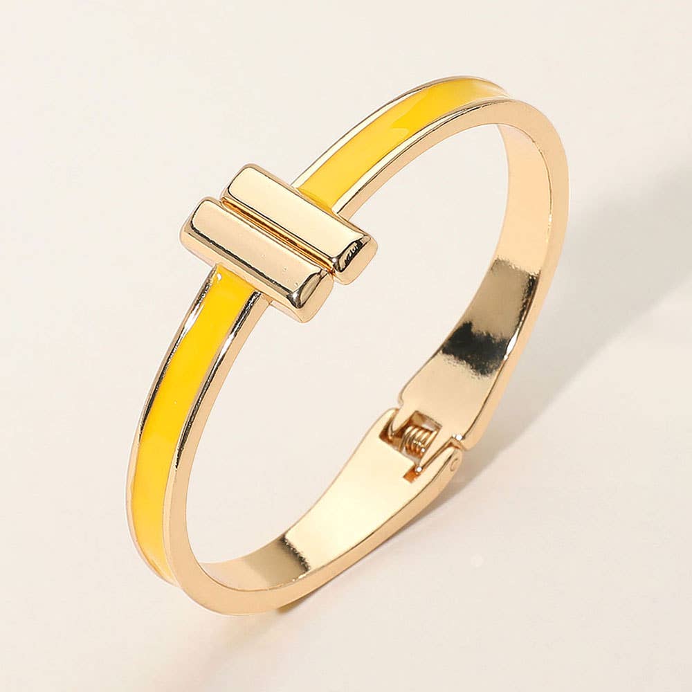 Metal Bar Tip Enamel Hinged Bangle Bracelet: Yellow