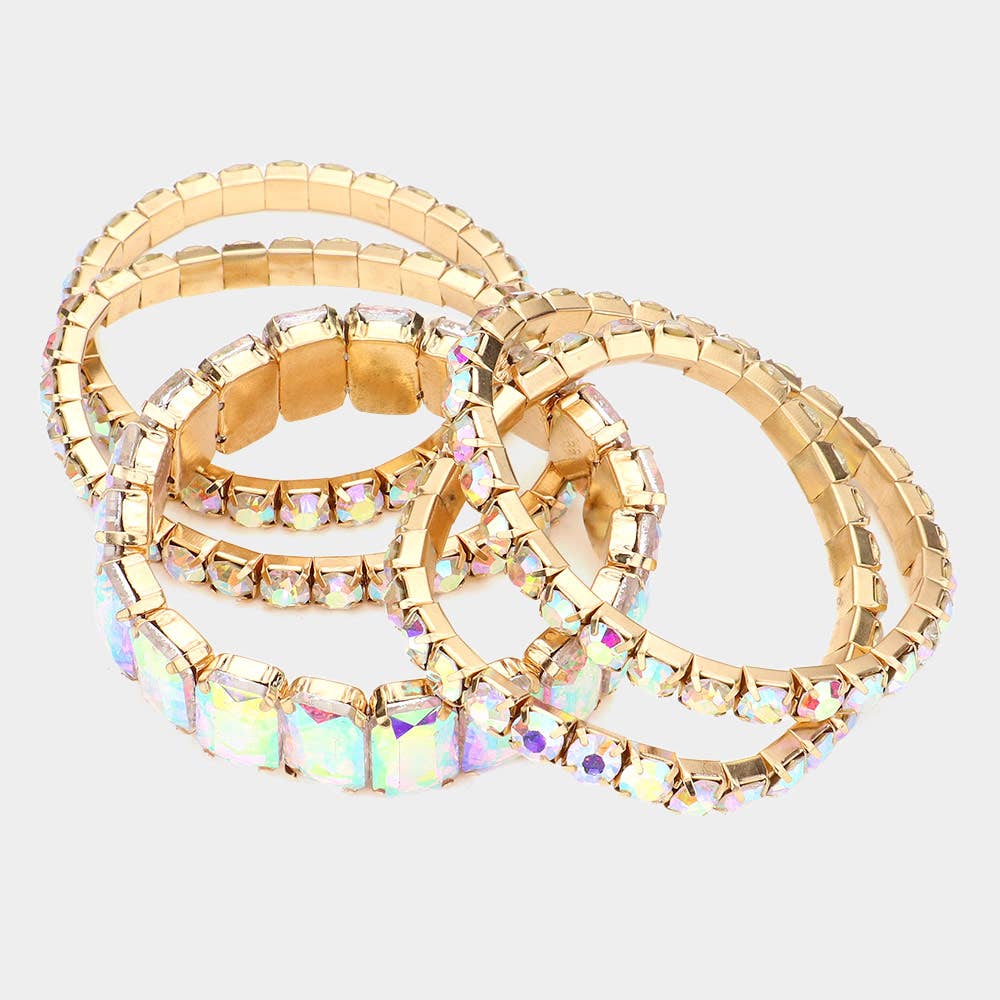 5PCS - Emerald Cut Round Stone Stretch Evening Bracelets: FLAG