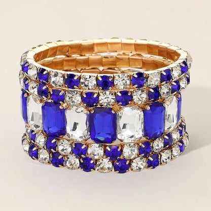 5PCS - Emerald Cut Round Stone Stretch Evening Bracelets: SILVER USA
