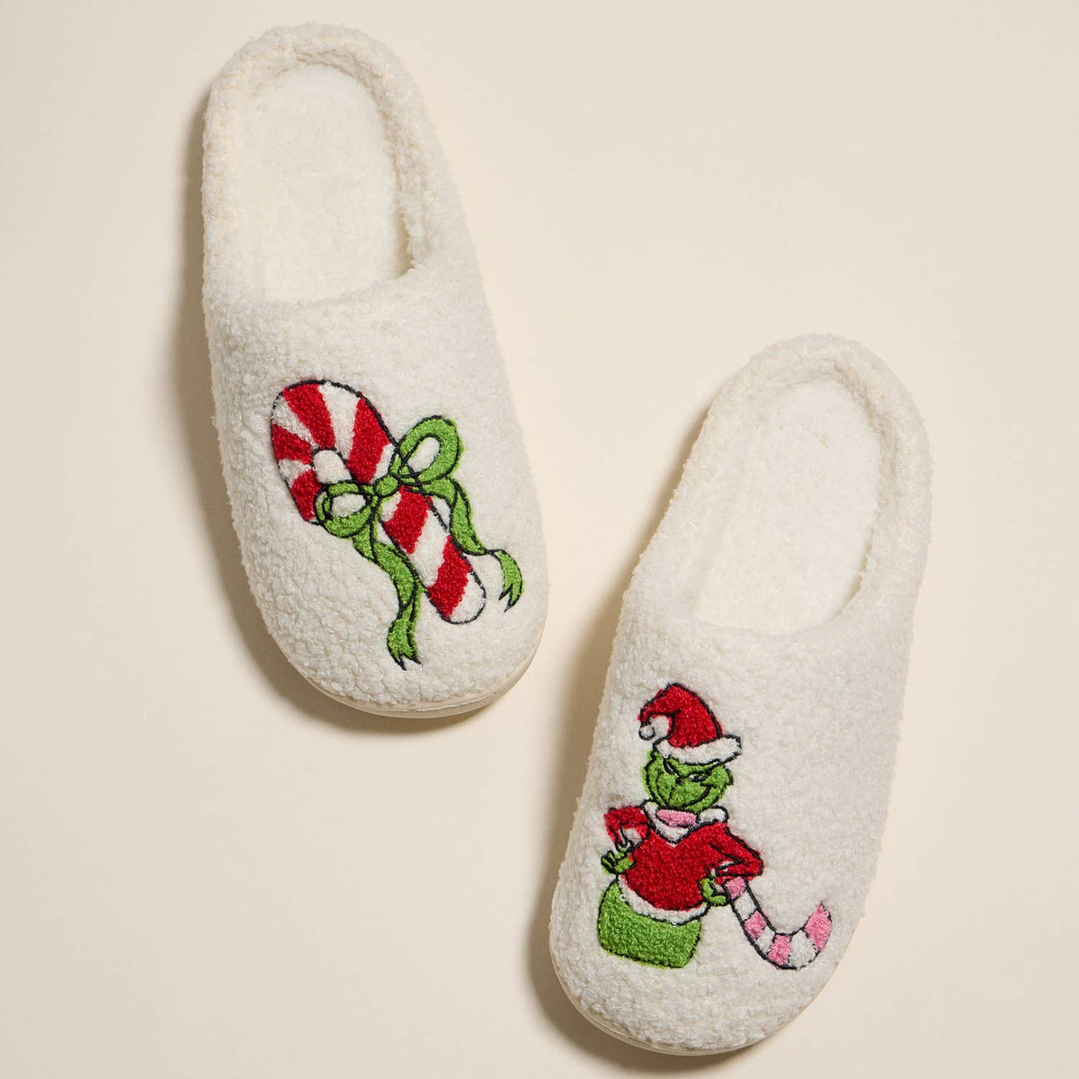 6Pairs - Grinch Holiday Indoor Christmas Slippers: Ivory Pink