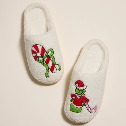 6Pairs - Grinch Holiday Indoor Christmas Slippers: Ivory Pink