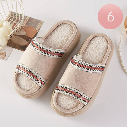 6Pairs - Tribal Pattern Embroidered Plush Home Indoor Floor Slippers: Beige