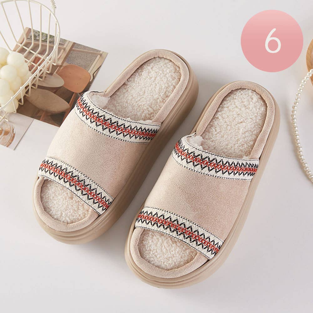 6Pairs - Tribal Pattern Embroidered Plush Home Indoor Floor Slippers: Camel
